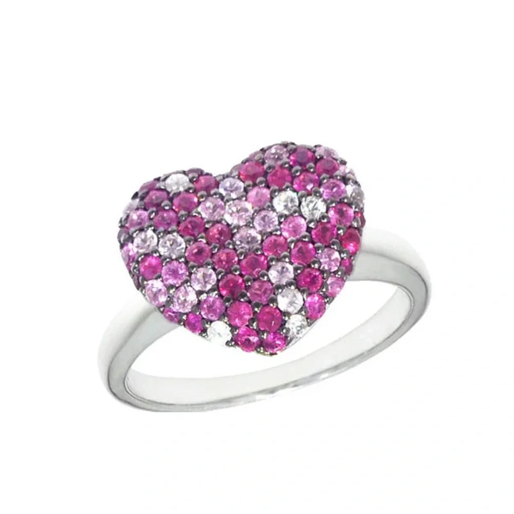 EFFY Pink Sapphire Heart Ring Sterling Silver Cluster Ring Size 7 Fine Jewelry